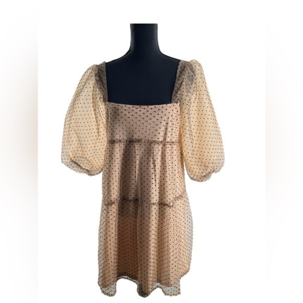LUSH Women's Babydoll Dress Nude with Black Polka Dots Size Medium NWT/NEW